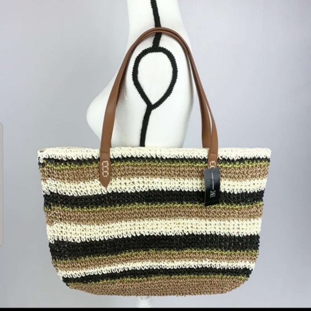 INC tropical straw tote bag striped /Nat
